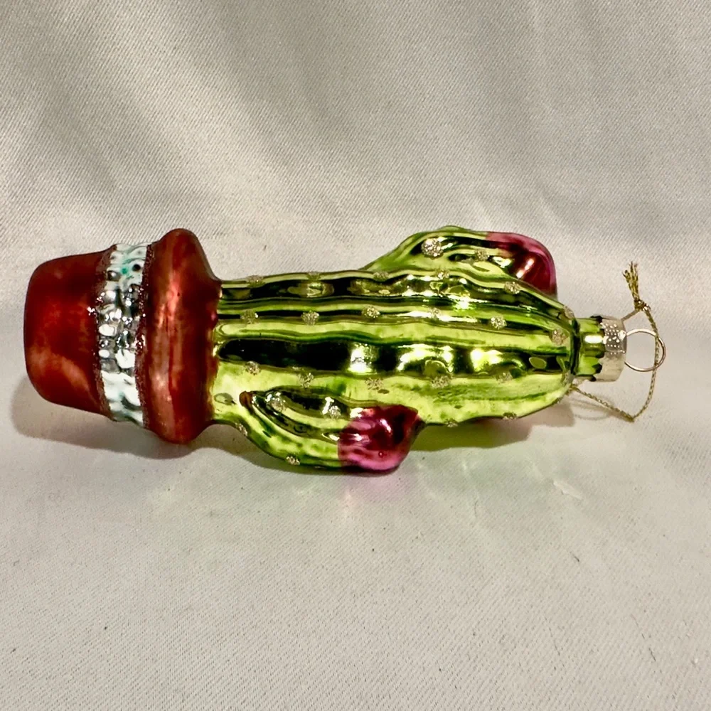 Blown Glass Green Cactus Christmas Tree Ornament 5”